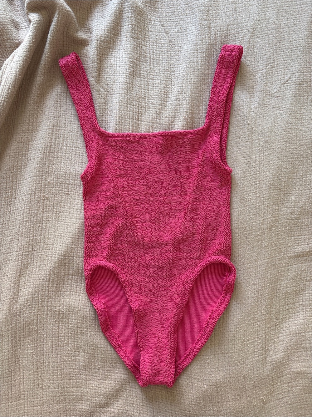 Hunza G Pink Textured Square Neck One-Piece Swimsuit